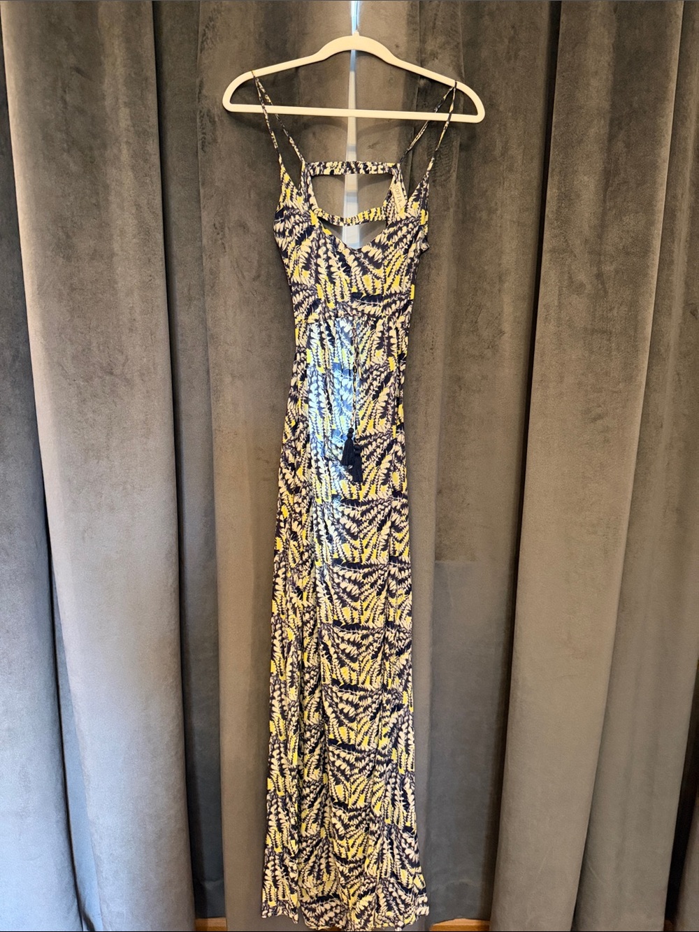 Vix Yellow and Navy Leaf-Print Maxi Dress